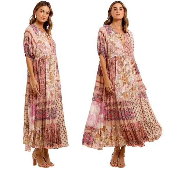 Rare Spell Designs Renew Patchwork Maxi Dress Gown pink S/M - Picture 2 of 16